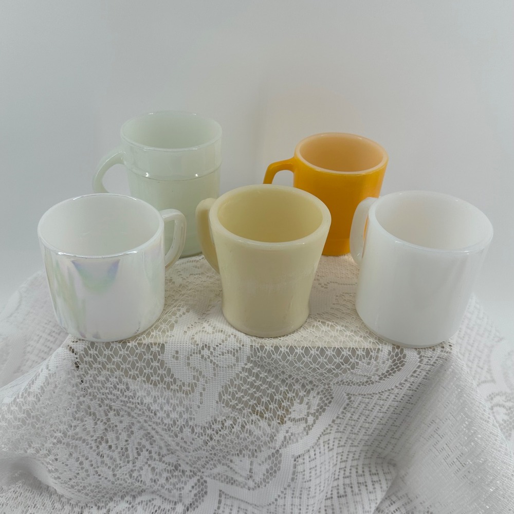 Fire-King Federal Glass Milk Glass Mugs Set Multi Good Vintage MCM 5pc Retro D